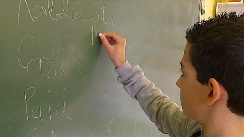 Alumno escribiendo en asturiano